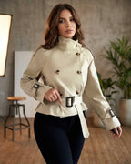 Savona Jacket by Lauven - Women’s beige trench jacket featuring double breasted design and belted peplum style.