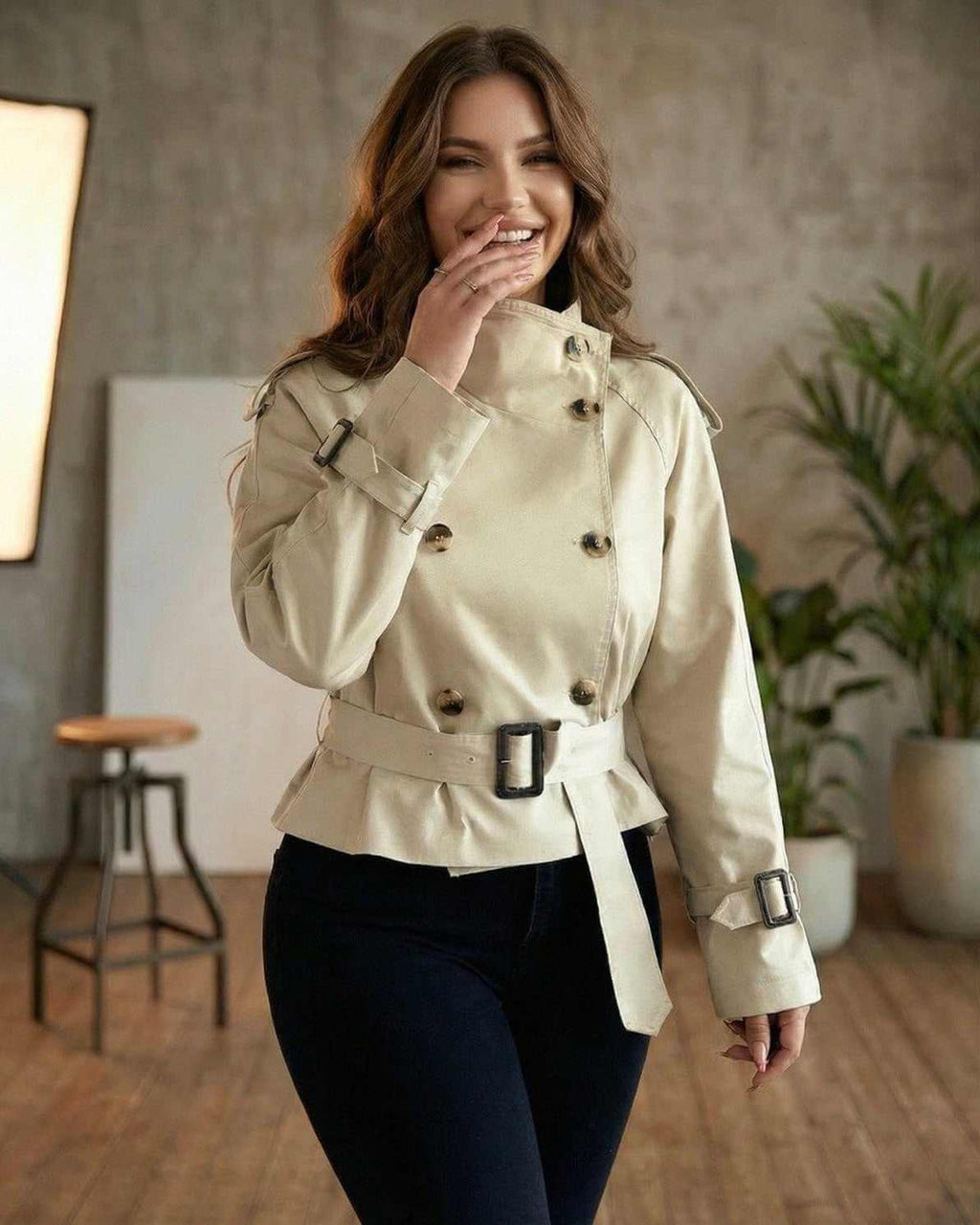 Savona Jacket by Lauven - Women's beige trench jacket featuring double breasted design and belted peplum styling.