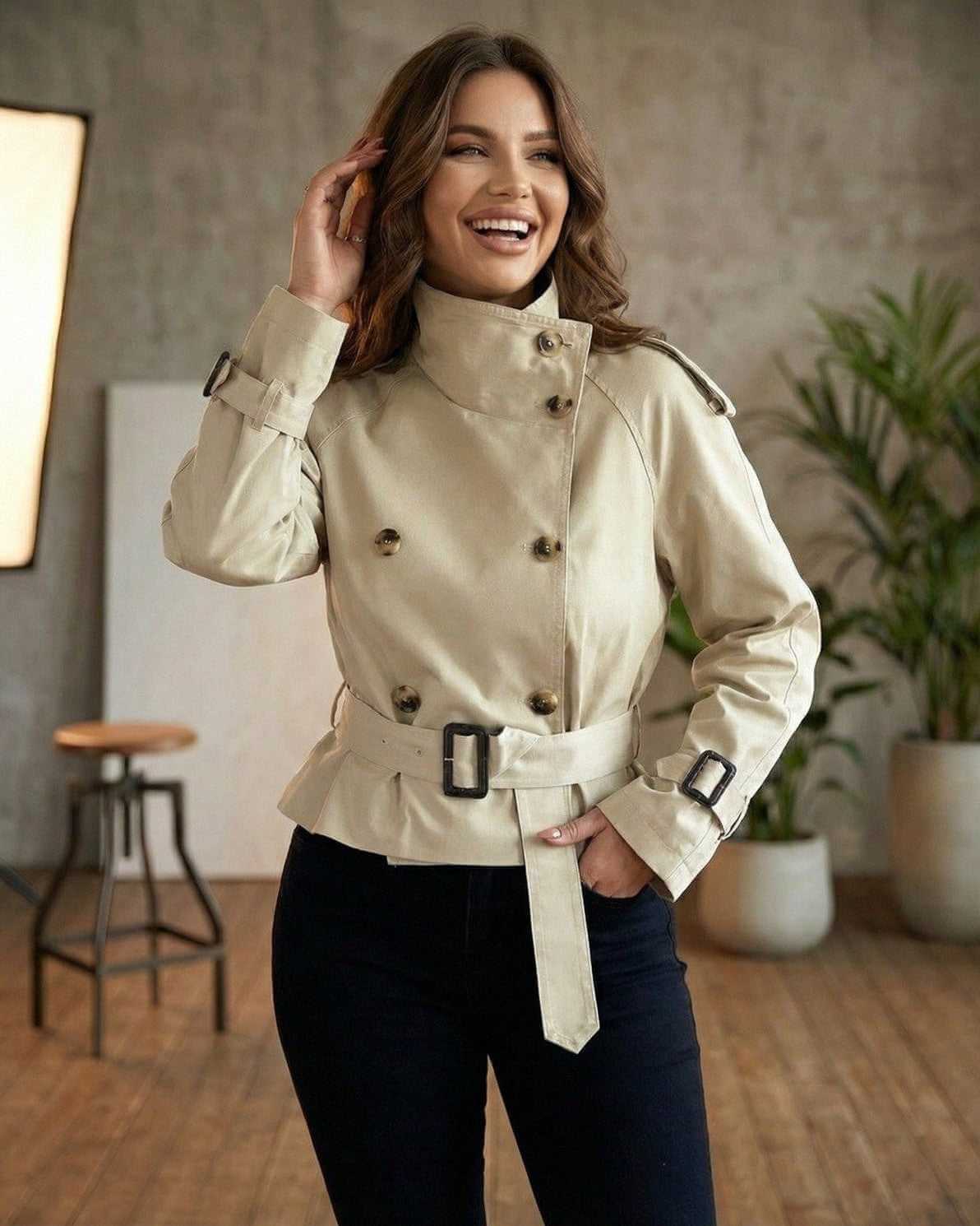 Savona Jacket by Lauven - Women's beige trench coat featuring a double-breasted design and belted peplum style.