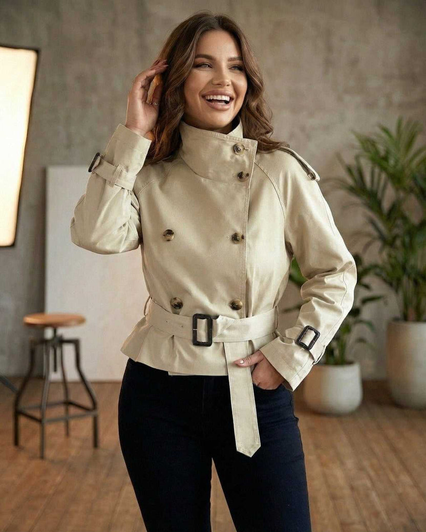 Savona Jacket by Lauven - Women's beige trench coat featuring a double-breasted design and belted peplum style.