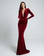 Scarlet Maxi Dress - Red velvet long sleeve gown with deep V-neck, luxurious silhouette by Lauven.