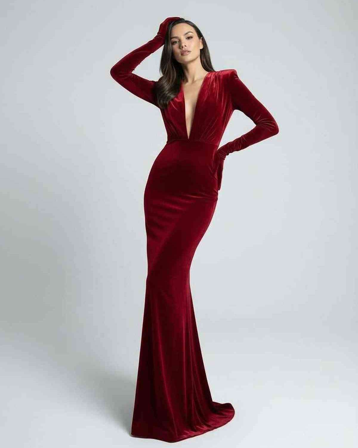 Scarlet Maxi Dress - Elegant red velvet dress with deep V-neck and long sleeves by Lauven.