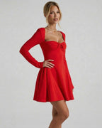 Scarlet Mini Dress by Lauven, bold red long sleeve dress with square neckline and ruched bow detail.