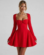 Scarlet Mini Dress by Lauven, bold red long sleeve, ruched bow detail, chic silhouette, lightweight fabric.