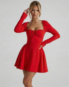 Scarlet Mini Dress by Lauven, bold red long sleeve, square neckline, chic silhouette, smooth fabric, elegant fit