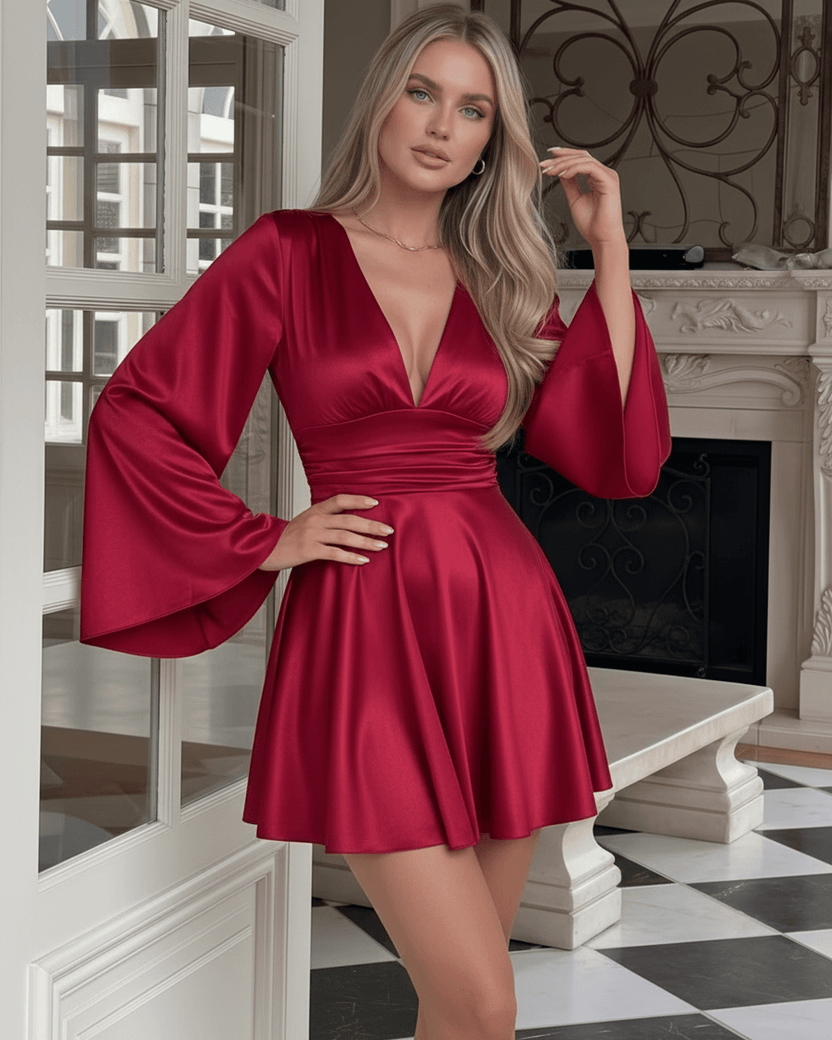 Scarlet Mini Dress by Lauven, featuring a deep V-neckline and flare sleeves in elegant red.