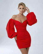 Scarlet Mini Dress by Lauven, off-shoulder satin sheath dress with dramatic puff sleeves and V-neckline.