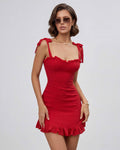 Scarlet Mini Dress by Lauven featuring spaghetti straps and ruffle hem for a chic summer look.