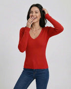 Scarlet Pullover – Women’s V-Neck Pullover Sweater by Lauven, showcasing a trendy slim fit and long sleeves.