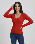 Scarlet Pullover by Lauven - Women's V-neck long sleeve sweater in vibrant red with slim fit.
