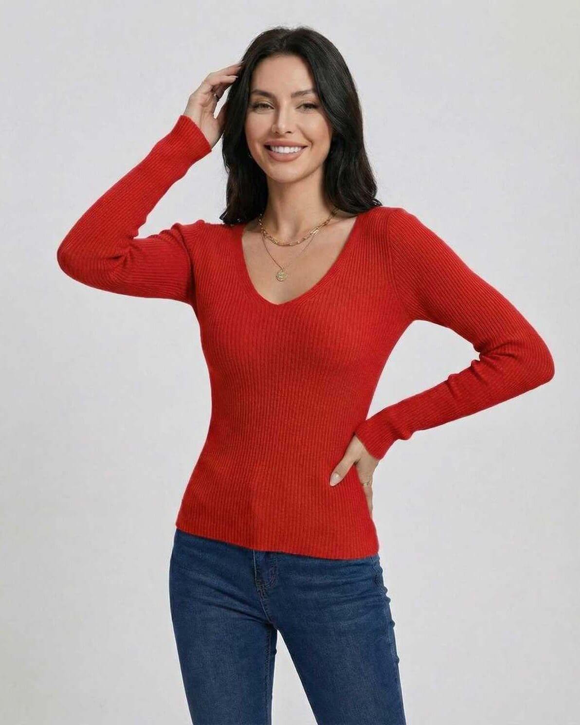 Scarlet Pullover by Lauven - Women's V-neck long sleeve sweater in vibrant red with slim fit.