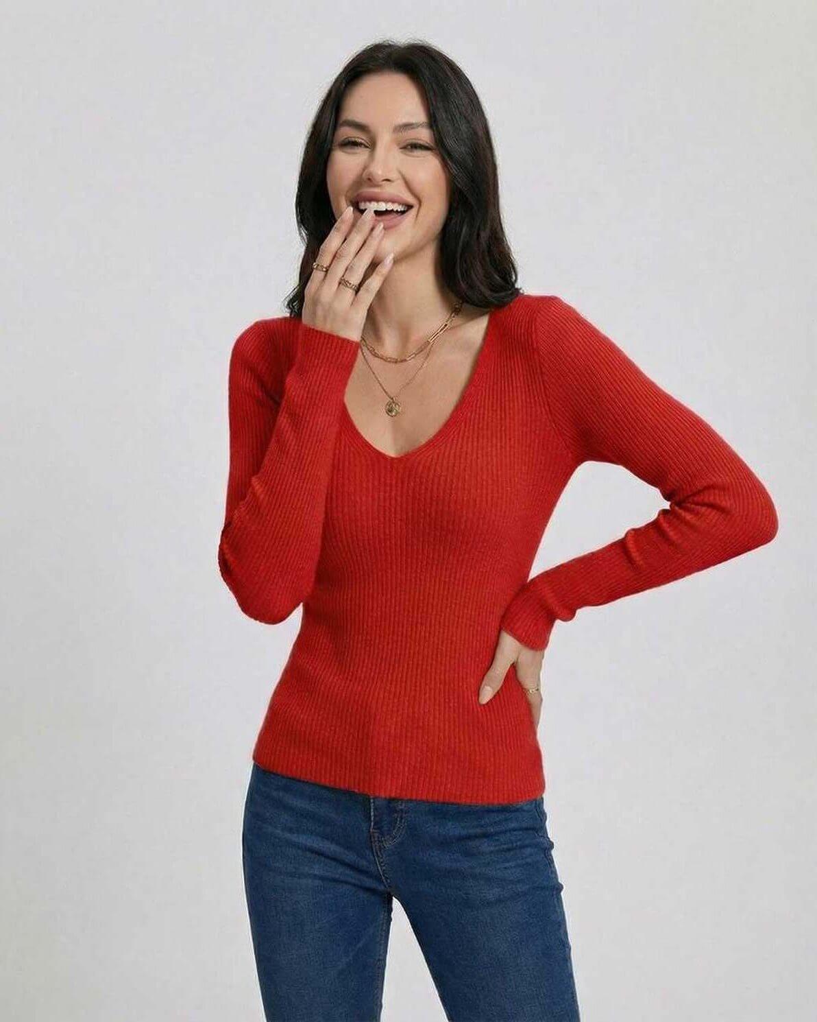Women wearing a Scarlet Pullover by Lauven, showcasing a V-neck design and slim fit.