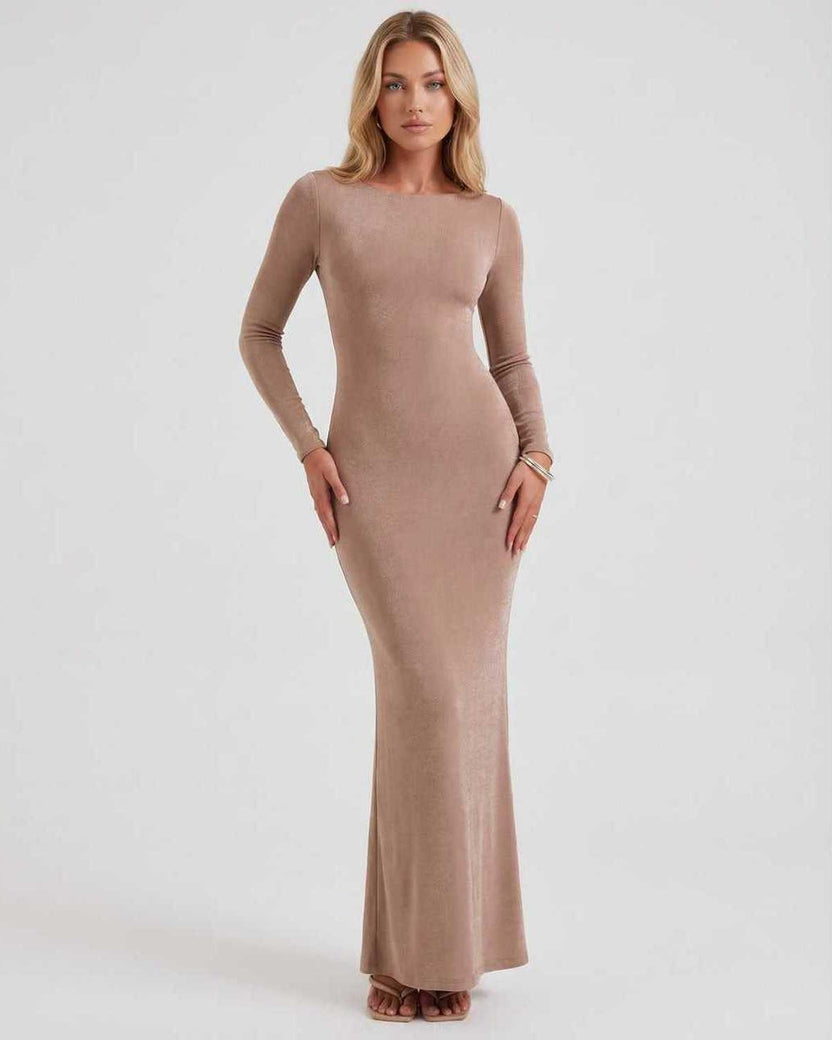 Selene Maxi Dress by Lauven, sleek ankle-length pencil dress with backless detail and elegant silhouette.