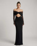 Selene Maxi Dress showcasing off-shoulder mesh sleeves and ruched cut-out detail by Lauven, perfect for elegant evenings.