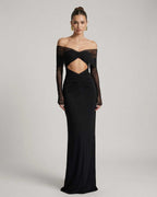 Selene Maxi Dress showcasing off-shoulder mesh sleeves and ruched cut-out detail by Lauven, perfect for elegant evenings.