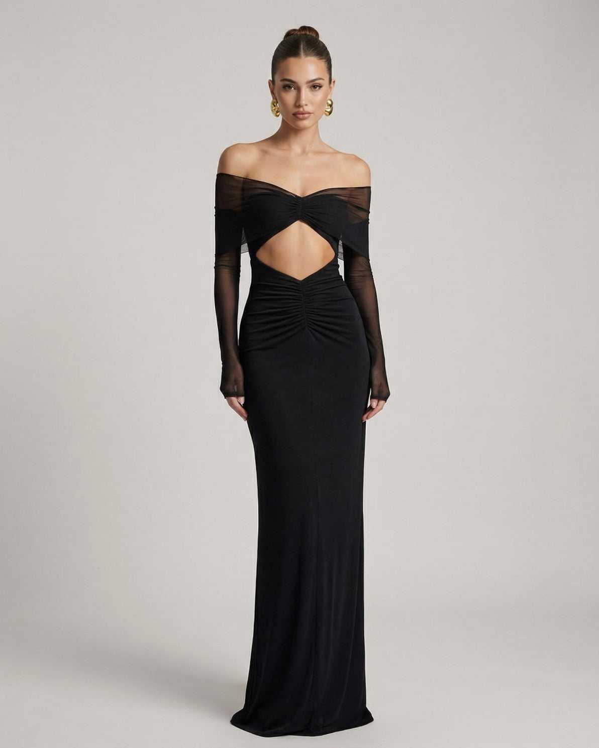 Selene Maxi Dress showcasing off-shoulder mesh sleeves and ruched cut-out detail by Lauven, perfect for elegant evenings.