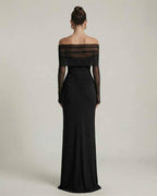 Selene Maxi Dress showcasing off-shoulder mesh sleeves and ruched detail for an elegant evening look by Lauven.