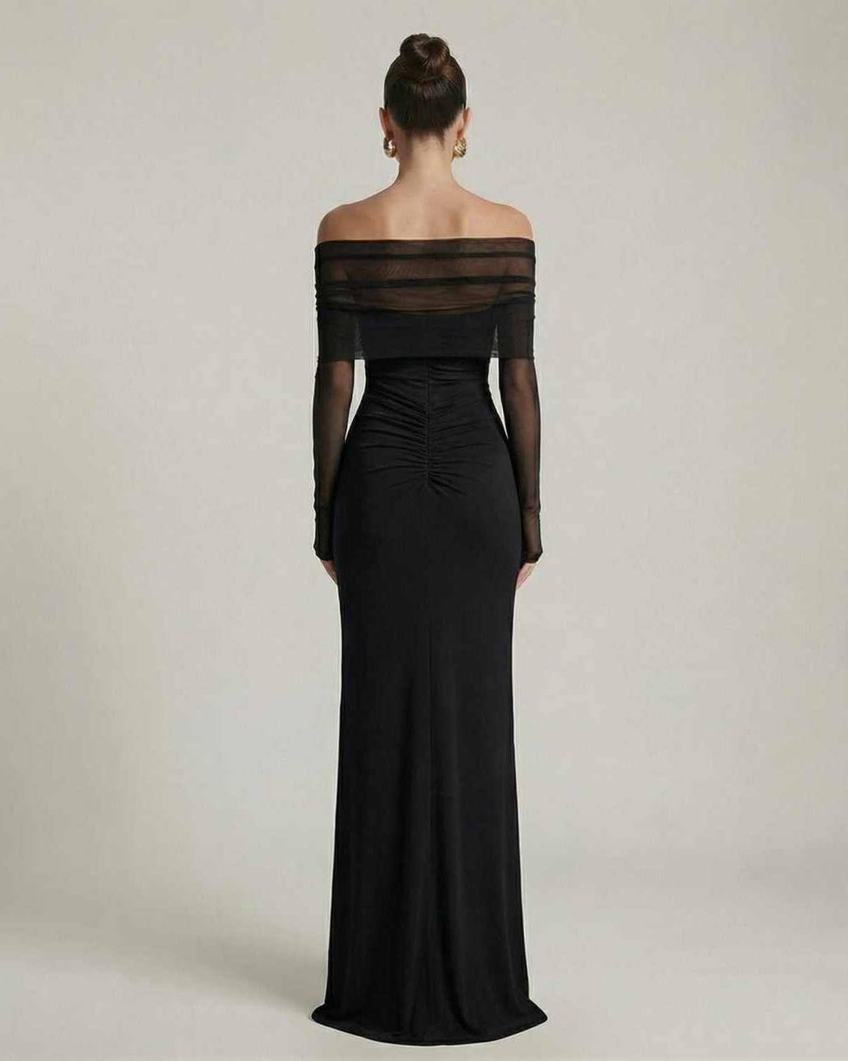 Selene Maxi Dress showcasing off-shoulder mesh sleeves and ruched detail for an elegant evening look by Lauven.