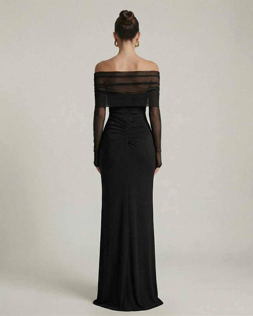 Selene Maxi Dress showcasing off-shoulder mesh sleeves and ruched detail for an elegant evening look by Lauven.