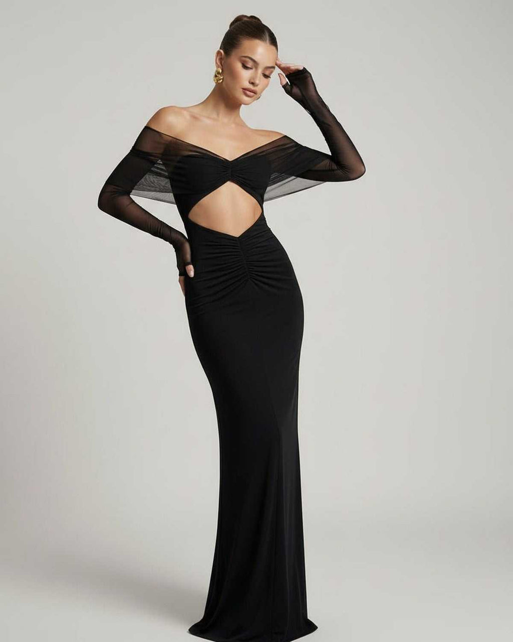 Selene Maxi Dress featuring off-shoulder mesh sleeves, ruched cut-out, sleek silhouette by Lauven.