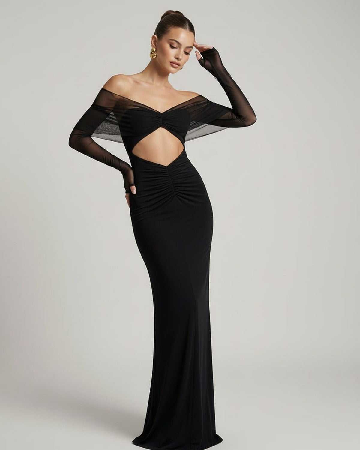 Selene Maxi Dress featuring off-shoulder mesh sleeves, ruched cut-out, sleek silhouette by Lauven.