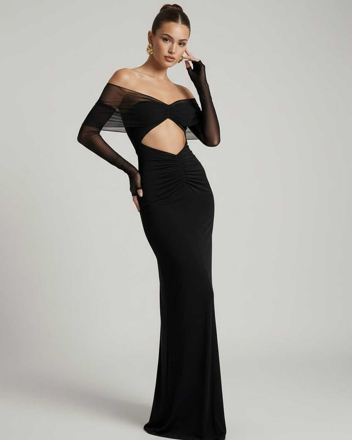 Selene Maxi Dress with off-shoulder mesh sleeves and ruched cut-out, perfect for elegant evening events by Lauven.