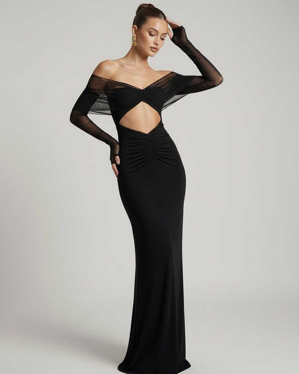 Selene Maxi Dress featuring off-shoulder mesh sleeves, ruched cut-out detail, and elegant silhouette by Lauven.