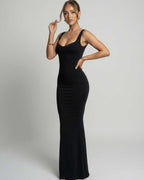 Selene Maxi Dress by Lauven, a sleek black slip dress with U-neck design, body-skimming silhouette, perfect for elegance.