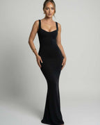 Selene Maxi Dress - Black sleek slip dress with U-neck design by Lauven, offers a body-skimming fit and minimalist aesthetic.
