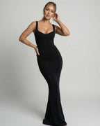 Selene Maxi Dress - Black body-skimming slip dress with U-neck design by Lauven, offering fluid drape and elegant style.