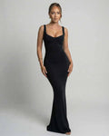 Selene Maxi Dress in black, featuring a sleek slip silhouette, U-neck design, and body-skimming elegance by Lauven.