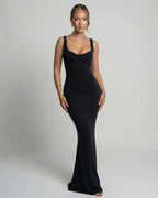Selene Maxi Dress in black, featuring a sleek slip silhouette, U-neck design, and body-skimming elegance by Lauven.