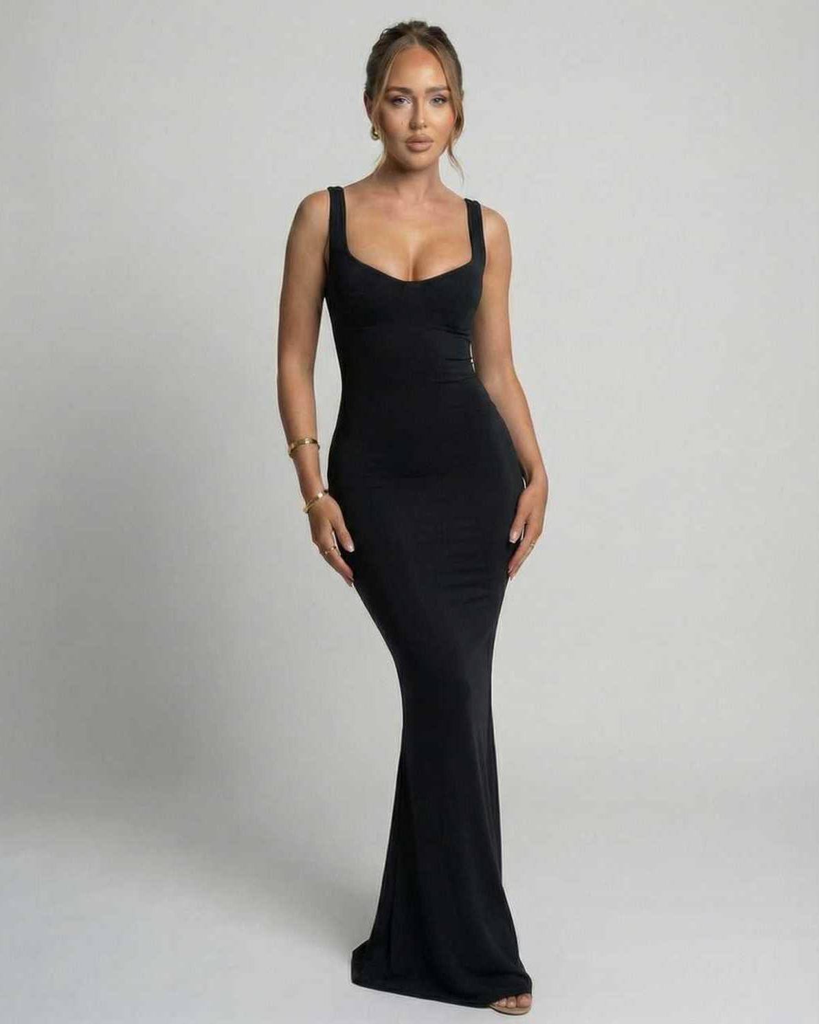 Selene Maxi Dress in black, featuring a sleek slip silhouette, U-neck design, and body-skimming elegance by Lauven.