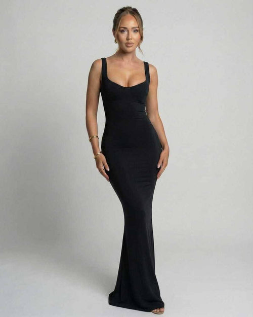Selene Maxi Dress in black, featuring a sleek slip silhouette, U-neck design, and body-skimming elegance by Lauven.