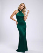 Selene Maxi Dress - Elegant emerald green satin halter dress, perfect for formal occasions by Lauven.
