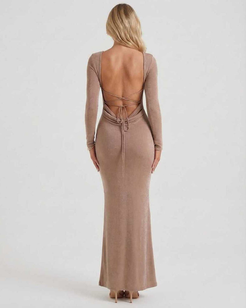 Back view of Lauven Selene Maxi Dress featuring a backless design and ankle-length fit.