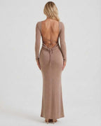 Back view of Lauven Selene Maxi Dress featuring a backless design and ankle-length fit.
