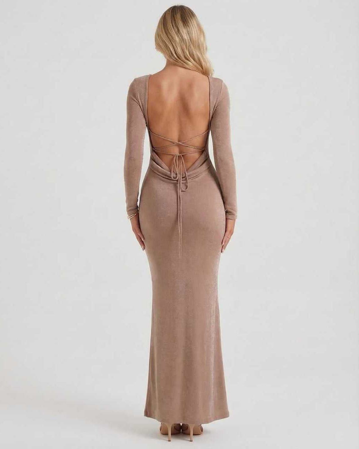 Back view of Lauven Selene Maxi Dress featuring a backless design and ankle-length fit.