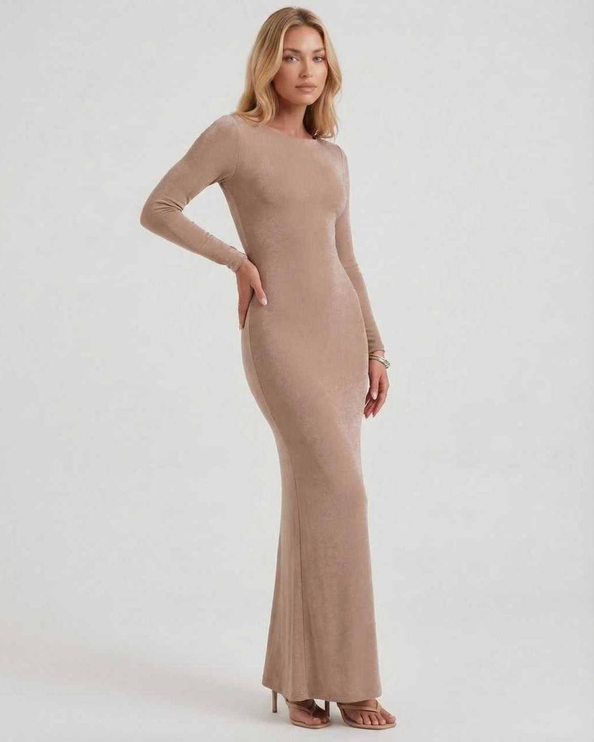 Lauven Selene Maxi Dress in beige, sleek ankle-length pencil dress with backless detail and long sleeves.