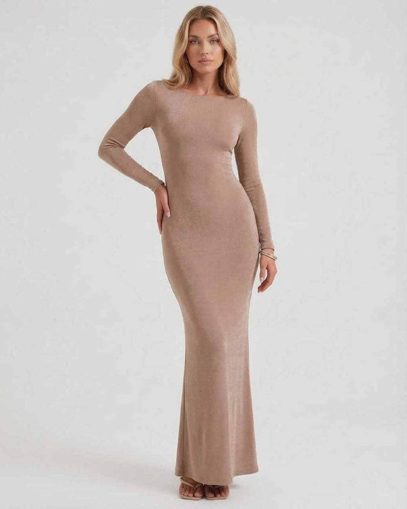 Lauven Selene Maxi Dress showcasing a sleek ankle-length design with backless detail and a luxurious fit.