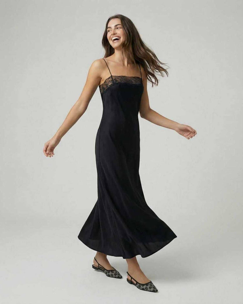Selene Maxi Dress by Lauven, sleek lace-trimmed spaghetti strap midi dress in black.