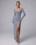 Selene Maxi Dress by Lauven - Sleek light blue long sleeve evening gown with a modern silhouette and stylish slit.