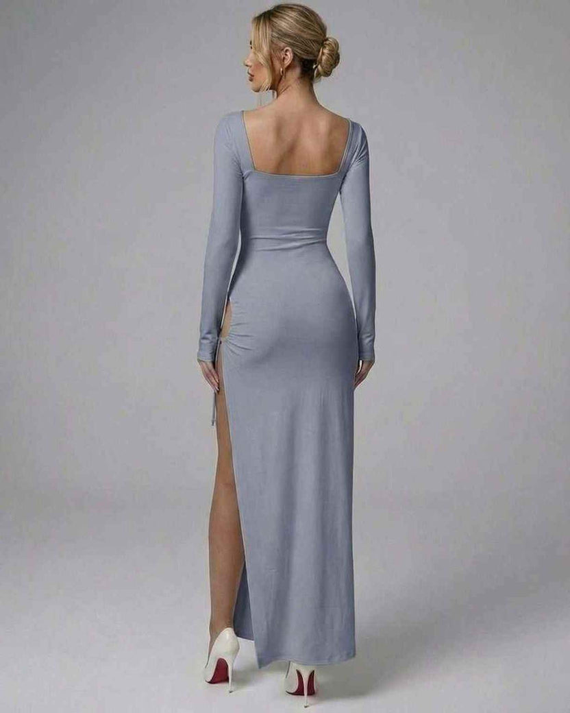 Selene Maxi Dress by Lauven, light blue long sleeve evening gown, elegant back view with asymmetrical silhouette.