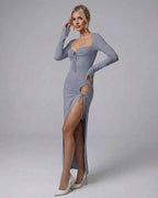 Selene Maxi Dress by Lauven, sleek light blue evening gown with full-length sleeves and a modern asymmetrical design.