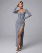 Selene Maxi Dress by Lauven, sleek light blue long sleeve evening gown with side slit, elegant and edgy design.
