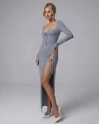 Selene Maxi Dress by Lauven, sleek light blue long sleeve evening gown with side slit and stylish design.