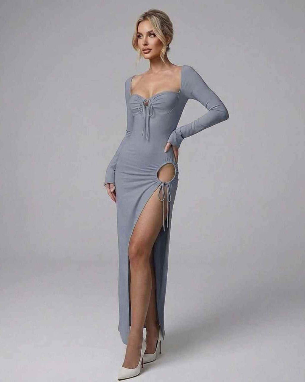 Selene Maxi Dress by Lauven, sleek light blue long sleeve evening gown with asymmetrical silhouette.