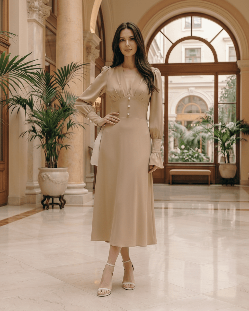 Selene Midi Dress in beige with V-neck, gathered lantern sleeves, and elegant flared skirt by Lauven.