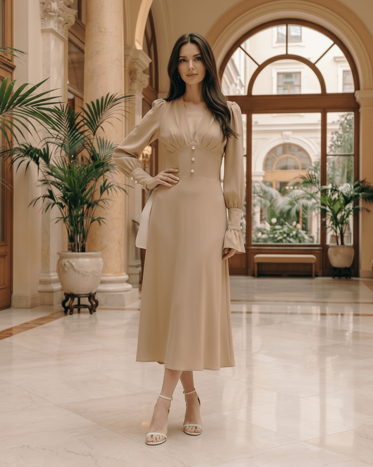 Selene Midi Dress in beige with V-neck, gathered lantern sleeves, and elegant flared skirt by Lauven.