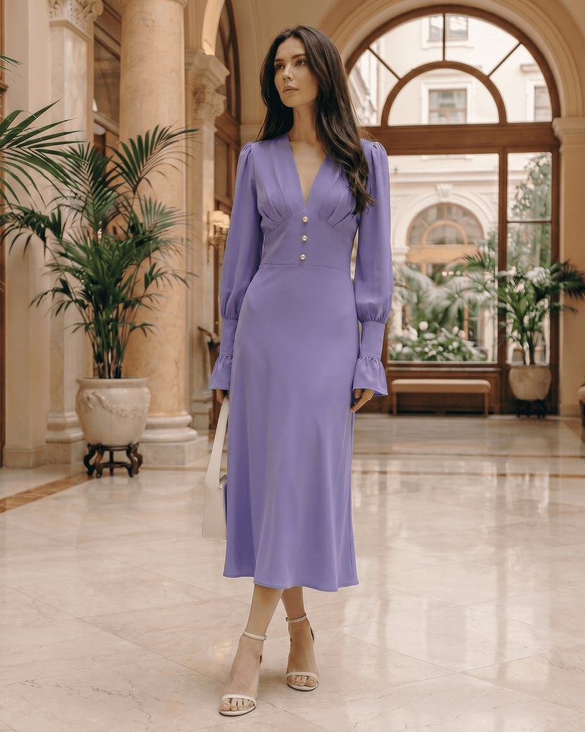 Selene Midi Dress in purple with V-neck, lantern sleeves, and elegant drape by Lauven, perfect for refined occasions.